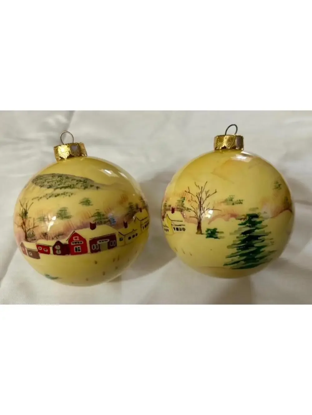 Vintage Hand-Painted Yellow Glass Christmas Ornaments Set of 2